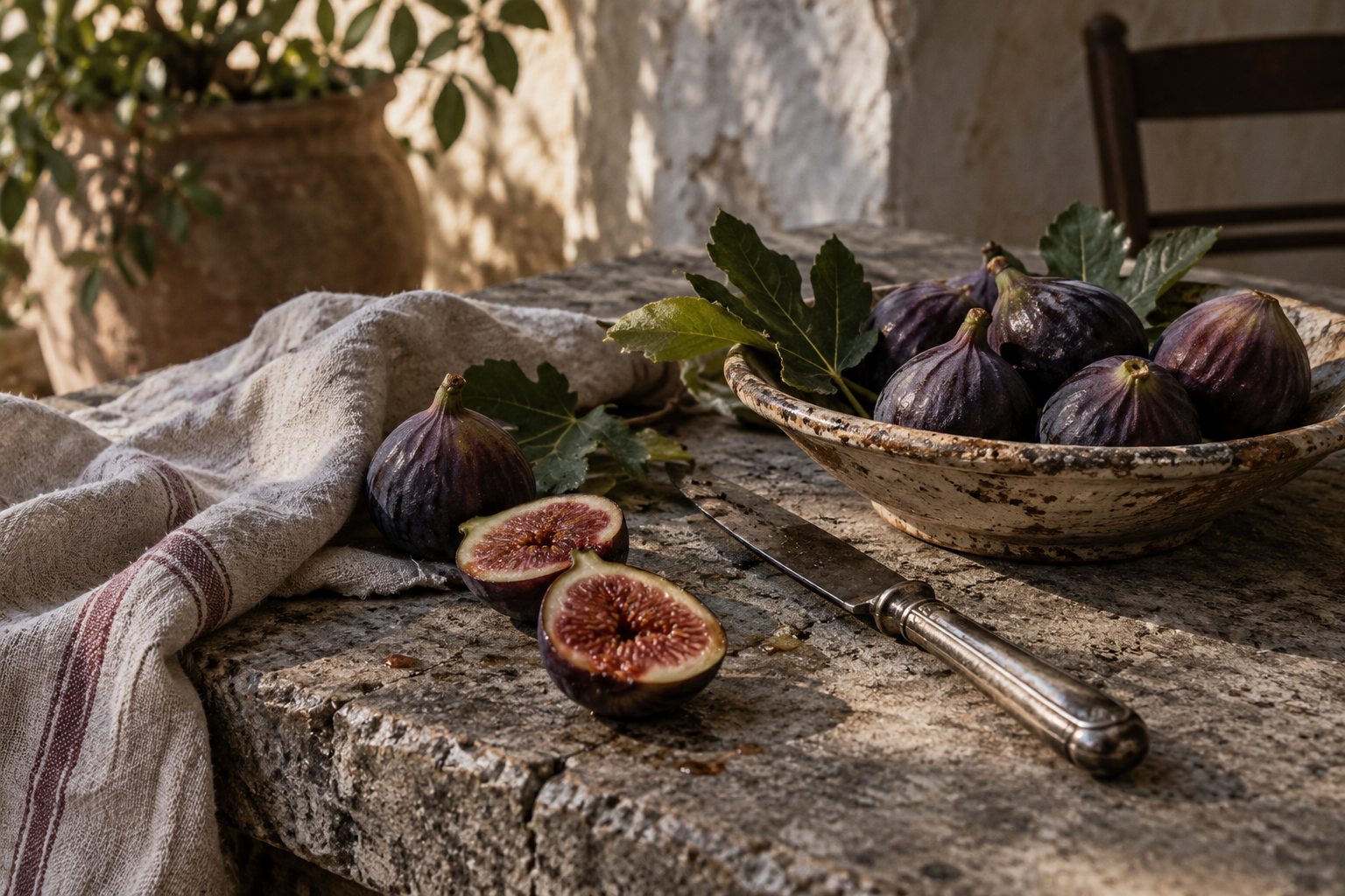 Reife Feigen auf einem Steintisch in einem mediterranen Innenhof