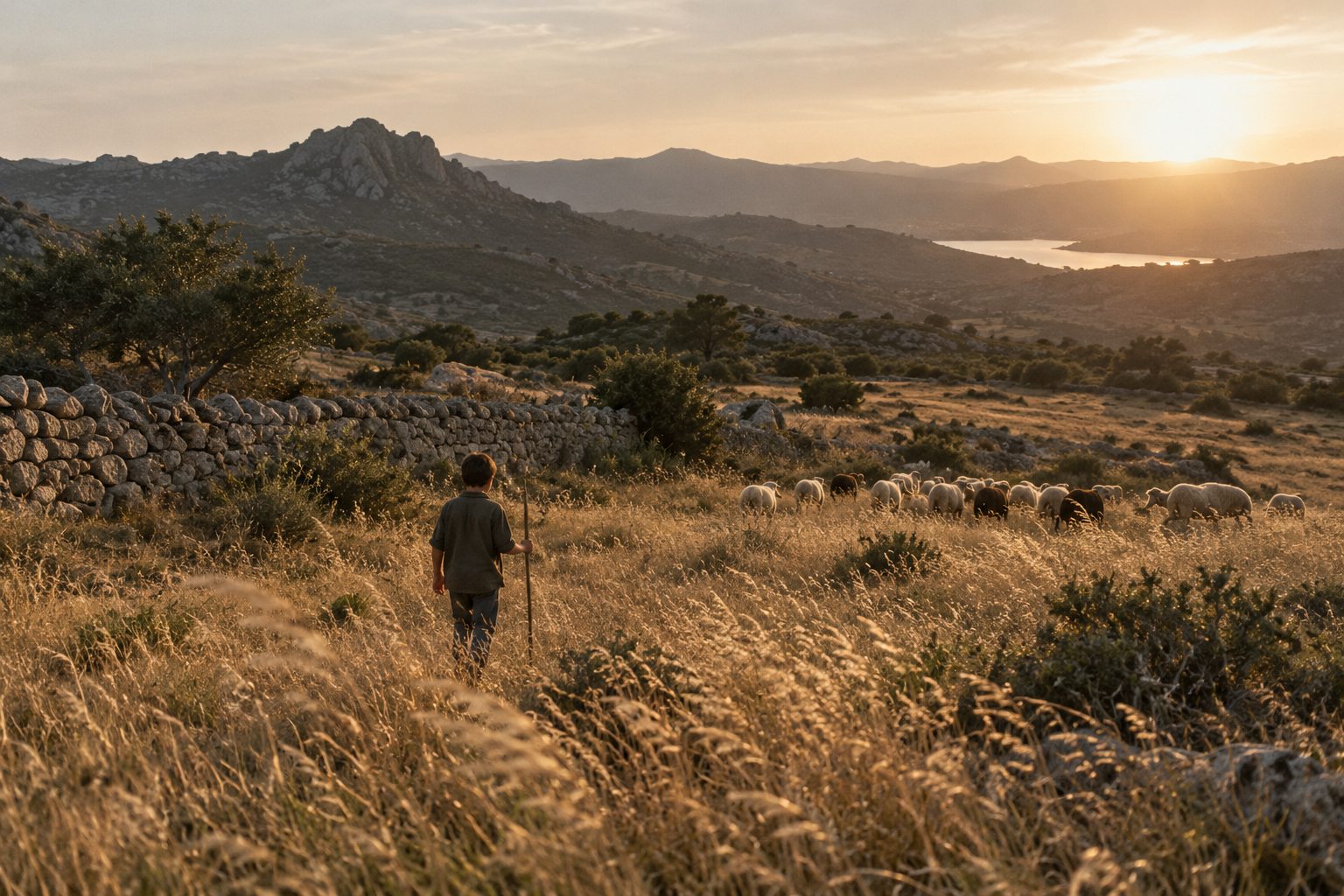 Junger Hirte durchquert bei Sonnenuntergang eine sardische Landschaft
